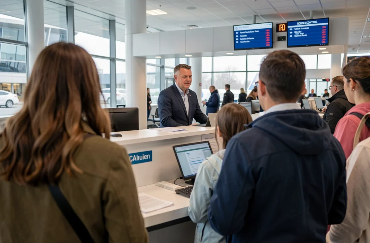 Famille en file devant un poste de contrôle des documents à l'aéroport