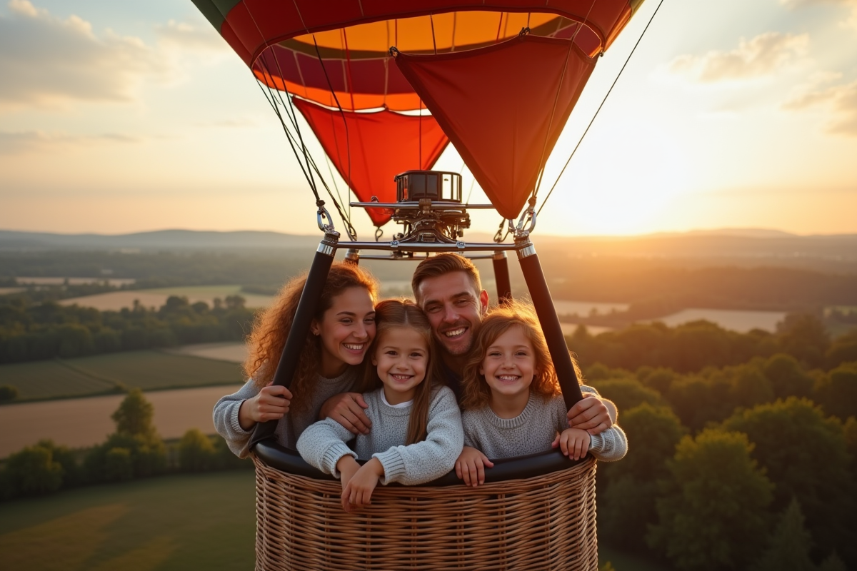 Famille souriante regardant par la nacelle de la montgolfière au lever du soleil