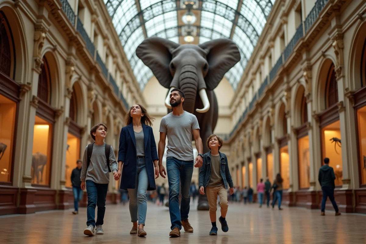 Famille parisienne admirant le squelette d'éléphant dans la Grande Galerie de l'Évolution à Paris