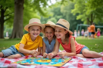Famille souriante jouant à un jeu de société en plein air dans un parc