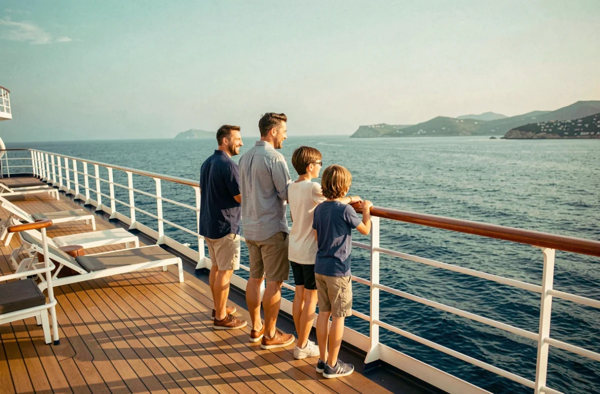 Famille heureuse sur le pont d'un bateau de croisière regardant la mer Méditerranée