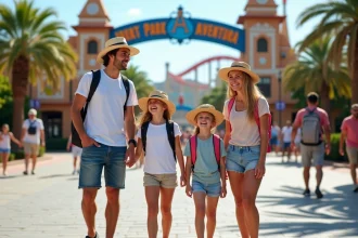 Famille souriante devant l'entrée de PortAventura en été