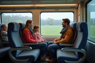 Famille détendue dans un train Eurotunnel en voyage