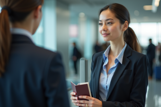 Jeune femme d'affaires à l'aéroport avec passeport