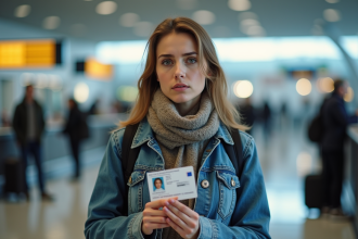 Femme à l'aéroport avec pièce d'identité expirée