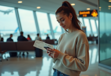 Jeune femme vérifiant son smartphone à l'aéroport