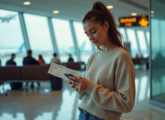 Billet d’avion Paris Papeete : prix et informations essentielles Jeune femme vérifiant son smartphone à l'aéroport