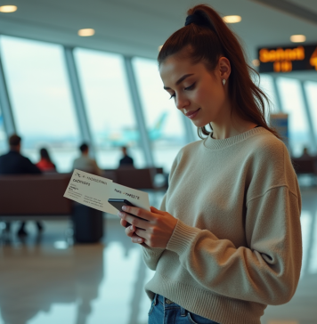 Jeune femme vérifiant son smartphone à l'aéroport