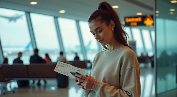 Jeune femme vérifiant son smartphone à l'aéroport