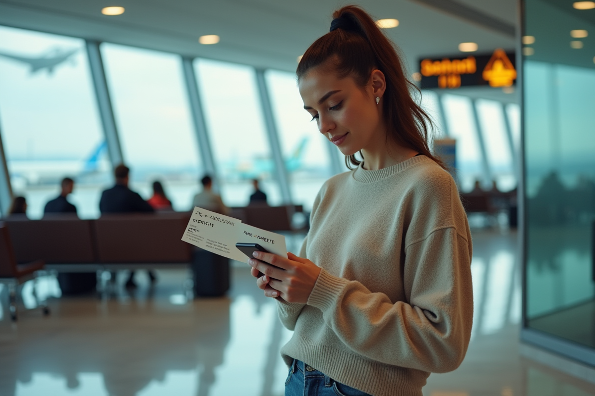 Jeune femme vérifiant son smartphone à l'aéroport