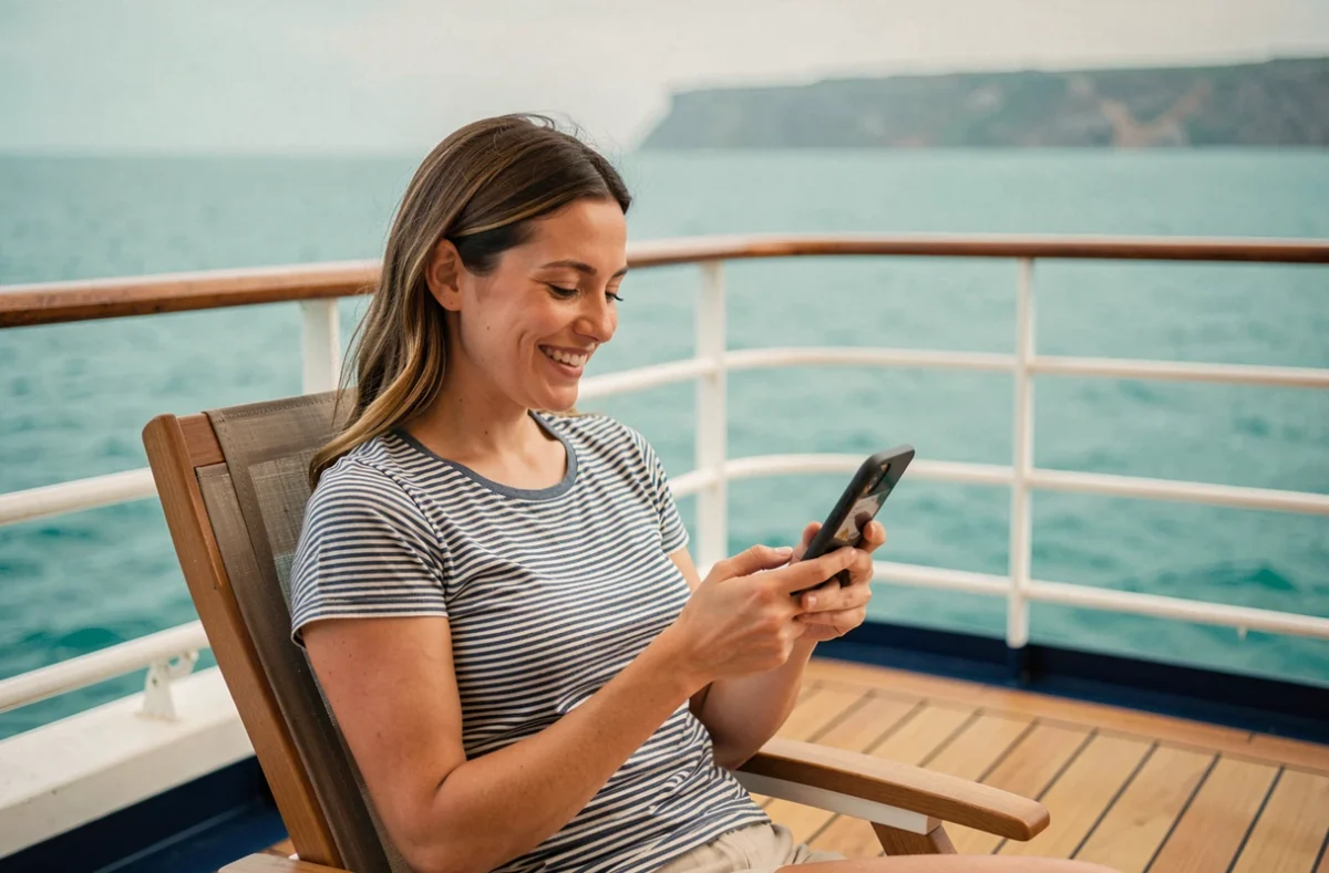 Femme consultant l'application Voyages Leclerc sur le pont d'un bateau de croisière en Méditerranée