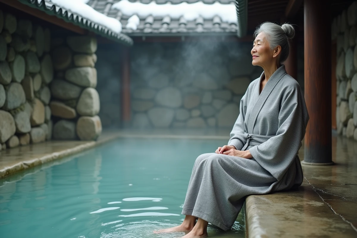 Femme japonaise se relaxant dans un bain thermal extérieur traditionnel sotoyu à Nozawa Onsen avec de la vapeur d'eau