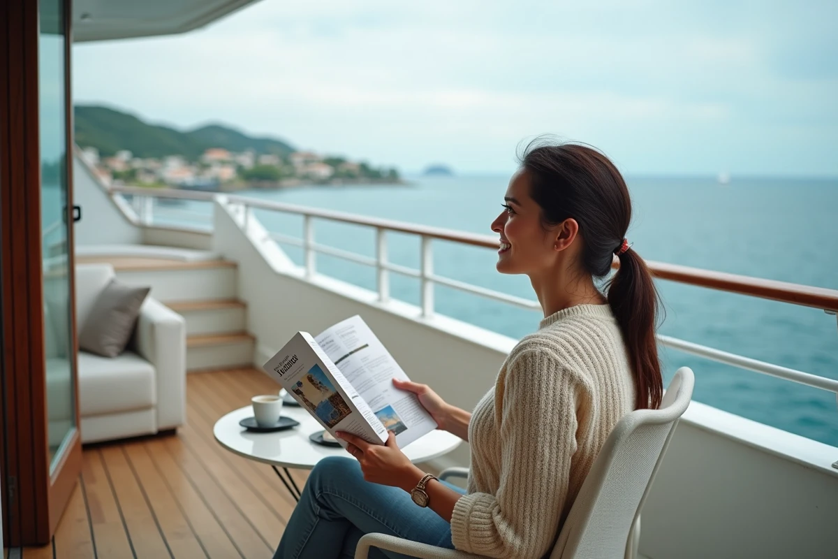 Femme sur le balcon d'une cabine suite de croisière tour du monde consultant son itinéraire