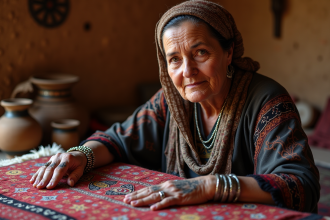 Femme berbere avec tatouages et bijoux sur un tapis coloré