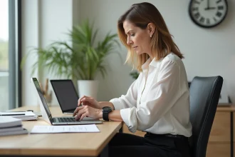 Femme d'&acirc;ge moyen au bureau v&eacute;rifiant sa montre