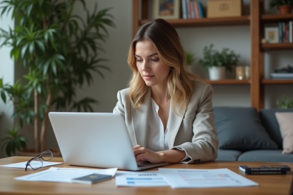 Femme au bureau vérifiant des formulaires de remboursement de vol