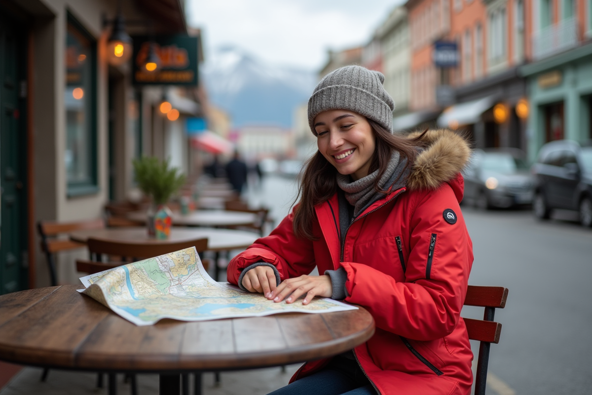 Jeune femme souriante au café à Ushuaia