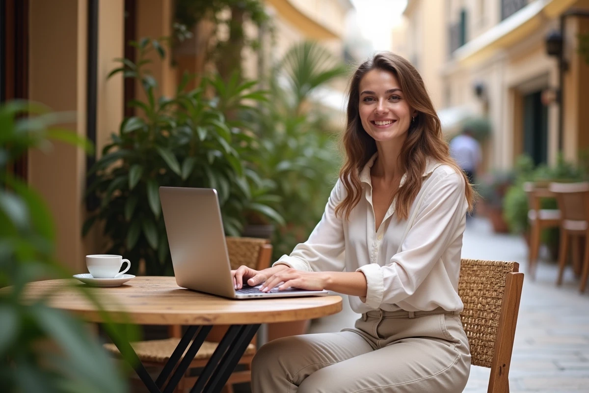 Jeune femme au café à Valletta avec ordinateur et café