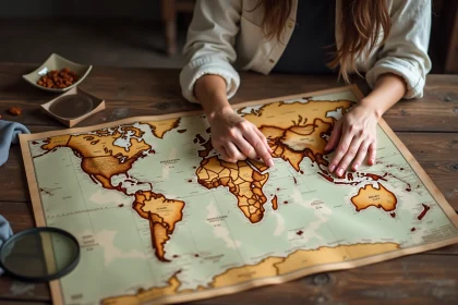 Femme étudiant la position des Maldives sur une carte du monde vintage posée sur une table en bois
