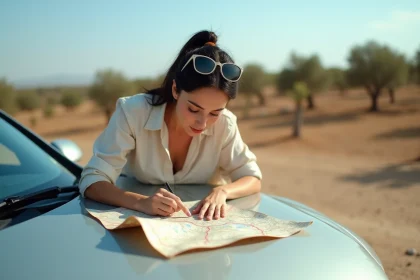 Femme consultant une carte routière appuyée sur une voiture lors d'un voyage France-Andalousie sur les autoroutes espagnoles