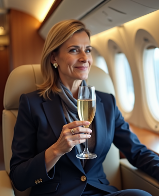 Femme élégante sirotant du champagne dans une cabine luxe