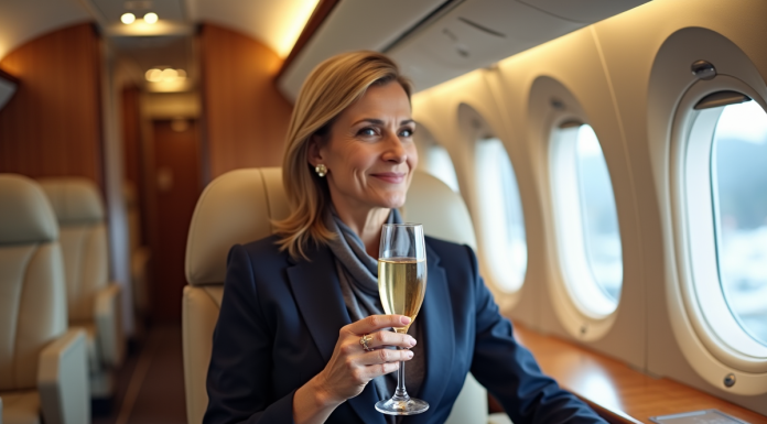 Femme élégante sirotant du champagne dans une cabine luxe