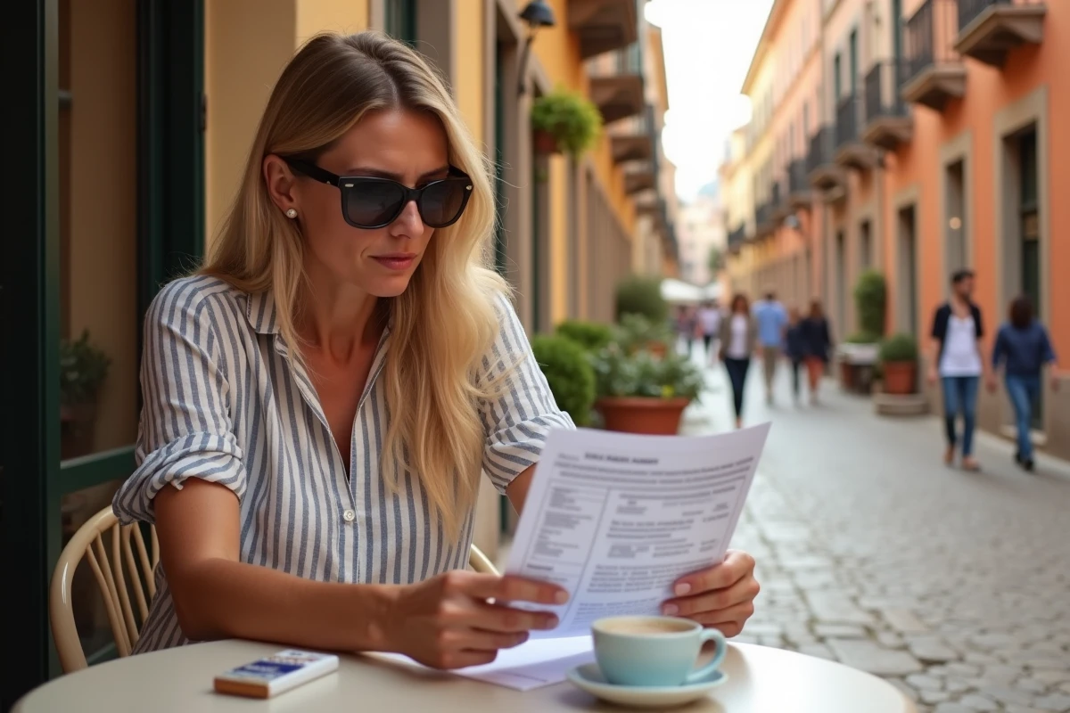 Femme consultant un document sur les limites d'importation de cigarettes en Espagne dans un café en terrasse d'une ville côtière espagnole