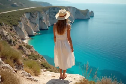 Jeune femme au bord d'une falaise en Crète avec mer turquoise