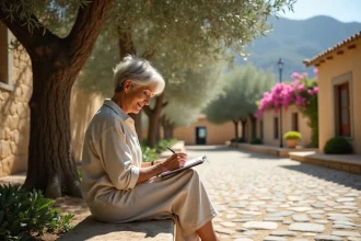 Femme dessinant sous oliviers anciens dans cour paisible