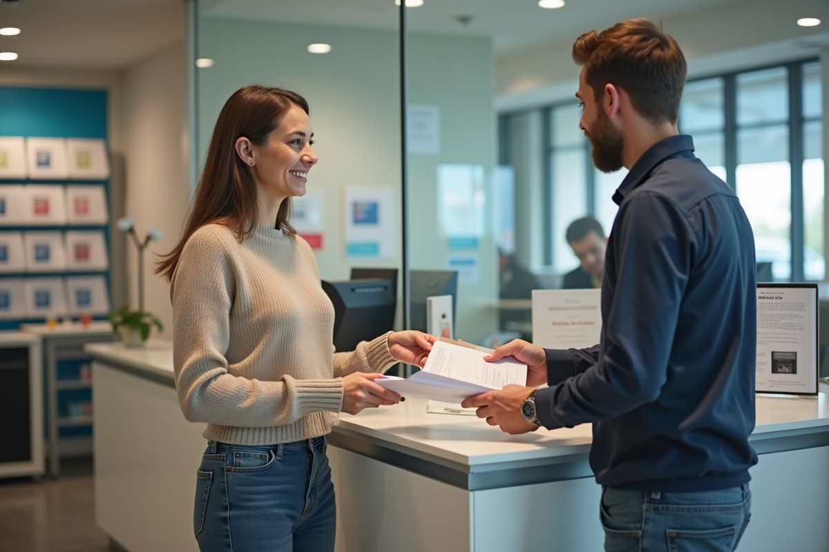 Jeune femme remettant un formulaire signé au guichet de la poste