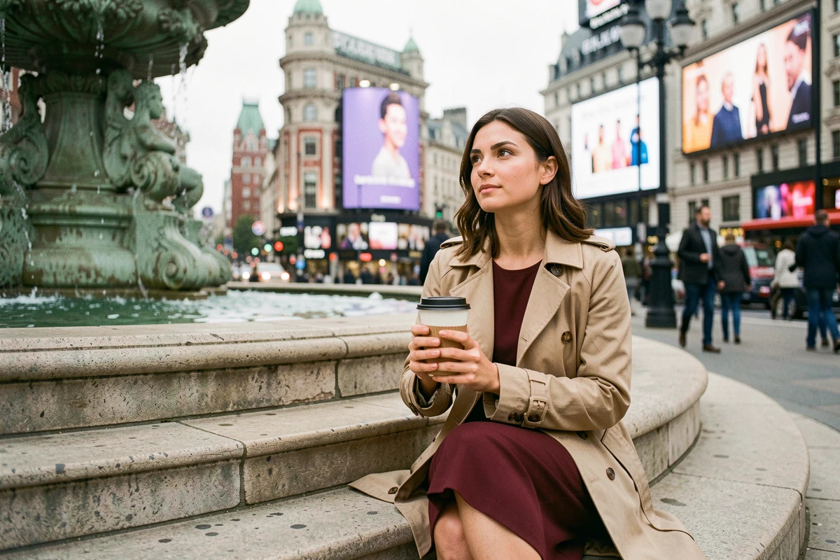 Jeune femme élégante assise sur les marches de la fontaine Shaftesbury à Piccadilly Circus lors d'une soirée romantique à Londres