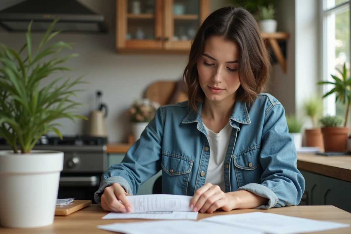 Femme en denim pliant une etiquette de valise à la maison