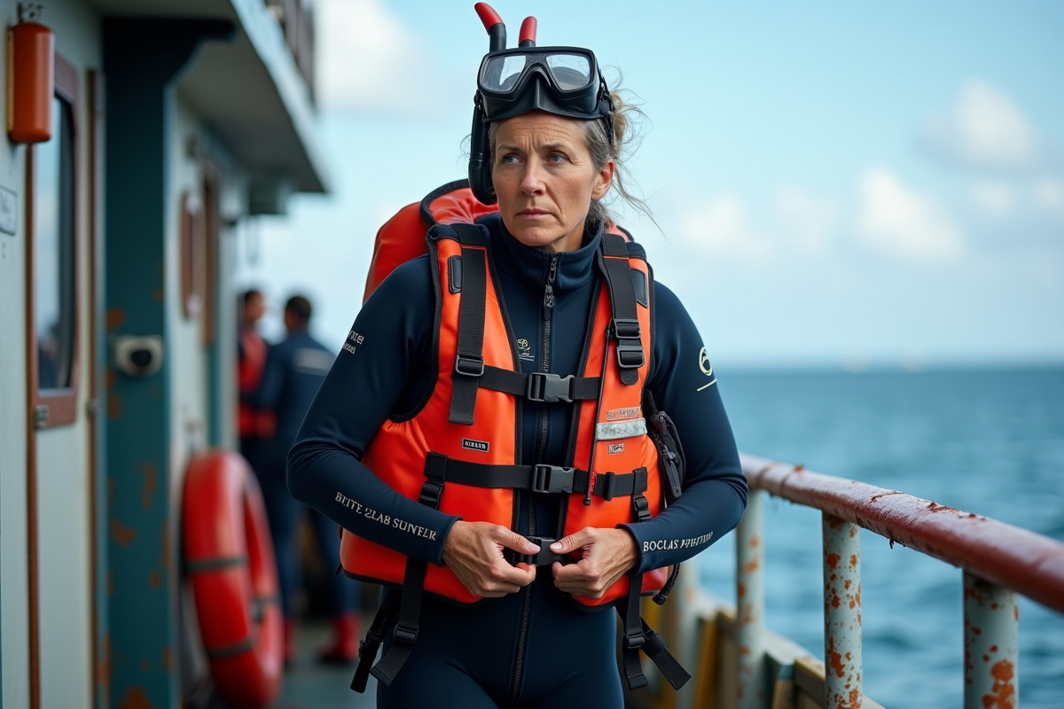 Femme en combinaison ajustant son gilet de flottabilité sur le bateau