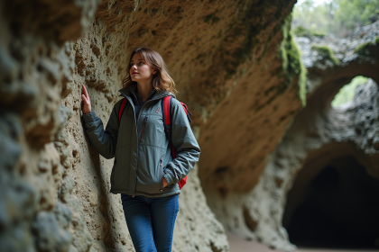 Femme curieuse touchant la paroi de la grotte des vents