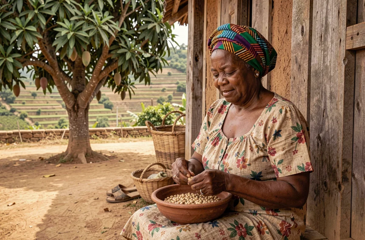 Femme haïtienne en tenue traditionnelle sur la terrasse d'une maison en terre à Ganere, village caché d'Haïti