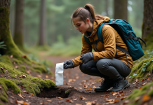 Jeune femme en randonnée utilisant du papier biodégradable