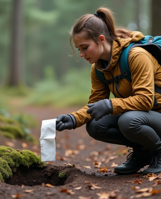 Jeune femme en randonnée utilisant du papier biodégradable