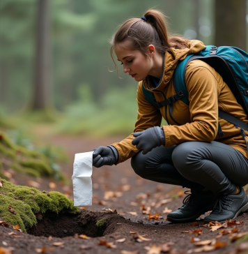 Camping : conseils pour faire ses besoins en plein air de façon écologique et responsable Jeune femme en randonnée utilisant du papier biodégradable