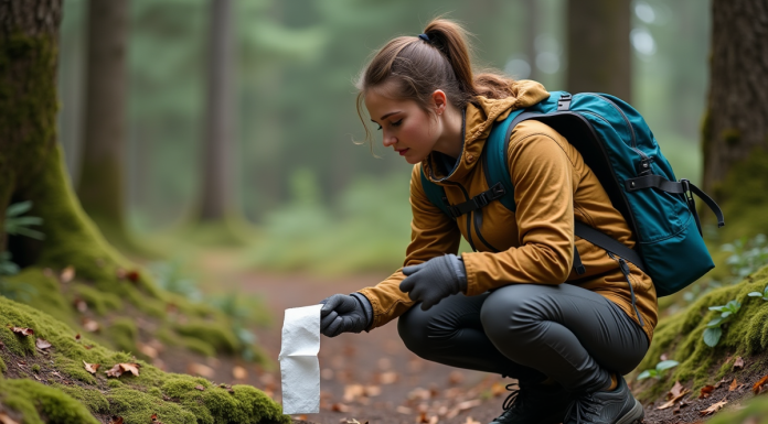 Jeune femme en randonnée utilisant du papier biodégradable