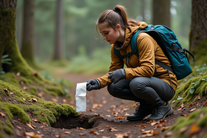 Jeune femme en randonnée utilisant du papier biodégradable