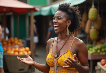 Femme jamaicaine parlant avec expressivité à un groupe dans un marché coloré