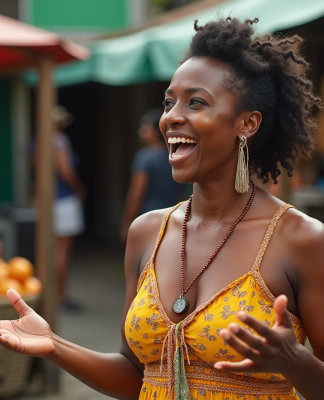 Femme jamaicaine parlant avec expressivité à un groupe dans un marché coloré