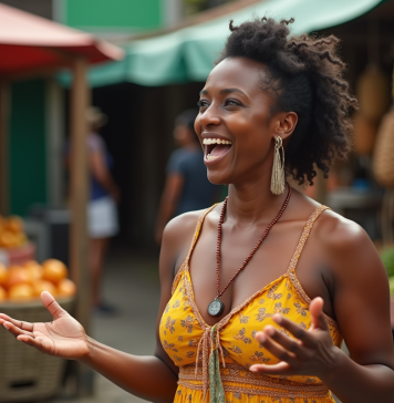 Femme jamaicaine parlant avec expressivité à un groupe dans un marché coloré