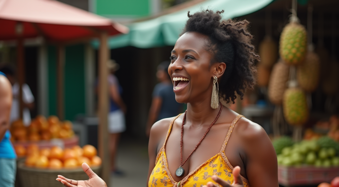 Femme jamaicaine parlant avec expressivité à un groupe dans un marché coloré