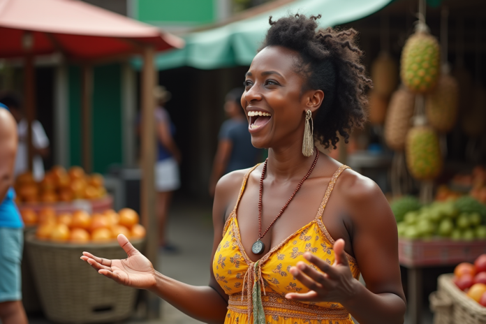 Femme jamaicaine parlant avec expressivité à un groupe dans un marché coloré