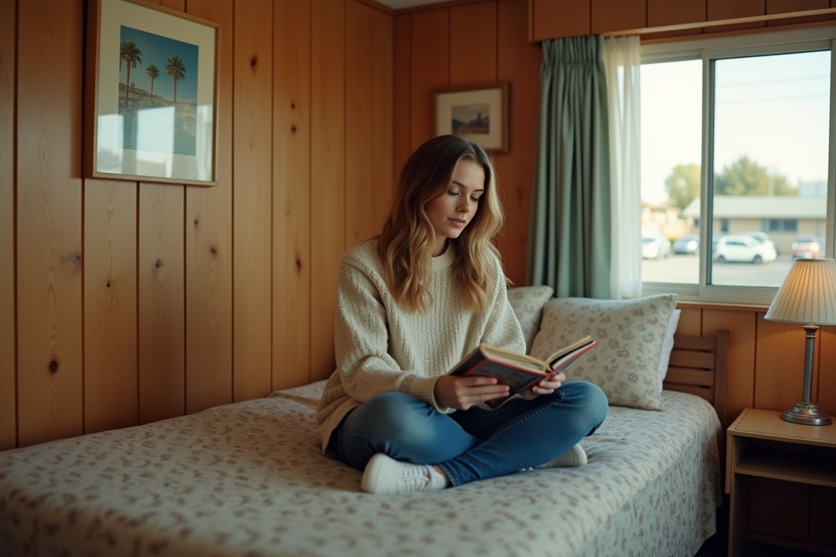 Jeune femme lisant un guide dans une chambre de motel