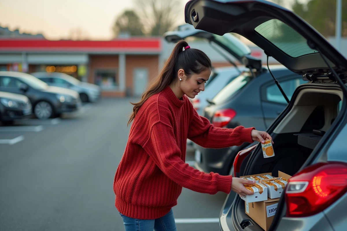 Jeune femme chargeant des cigarettes dans sa voiture pr&egrave;s de la fronti&egrave;re