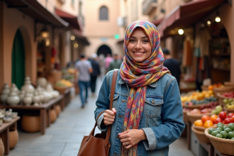 Femme marocaine souriante dans un souk coloré