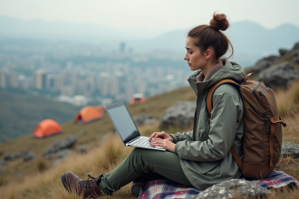 Jeune femme en plein air travaillant sur son ordinateur portable