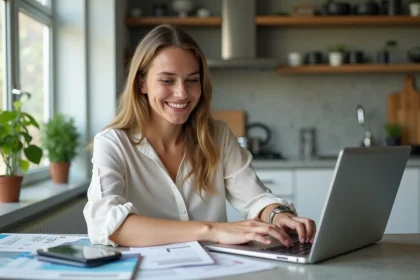 Jeune femme souriante utilisant un ordinateur dans une cuisine lumineuse
